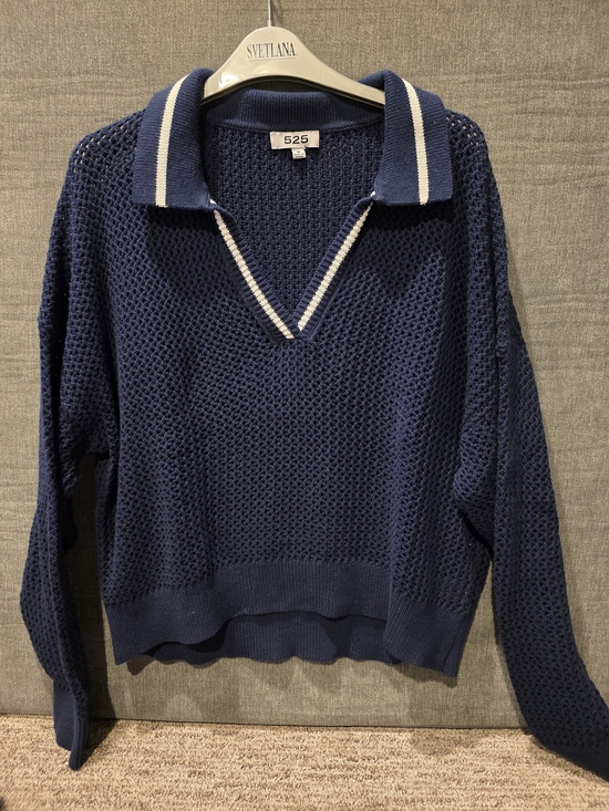 525 America Sweaters - 525 America Navy Blue/white Open-Knit Polo Sweater Size M PTP 28 1/2in L 23 In